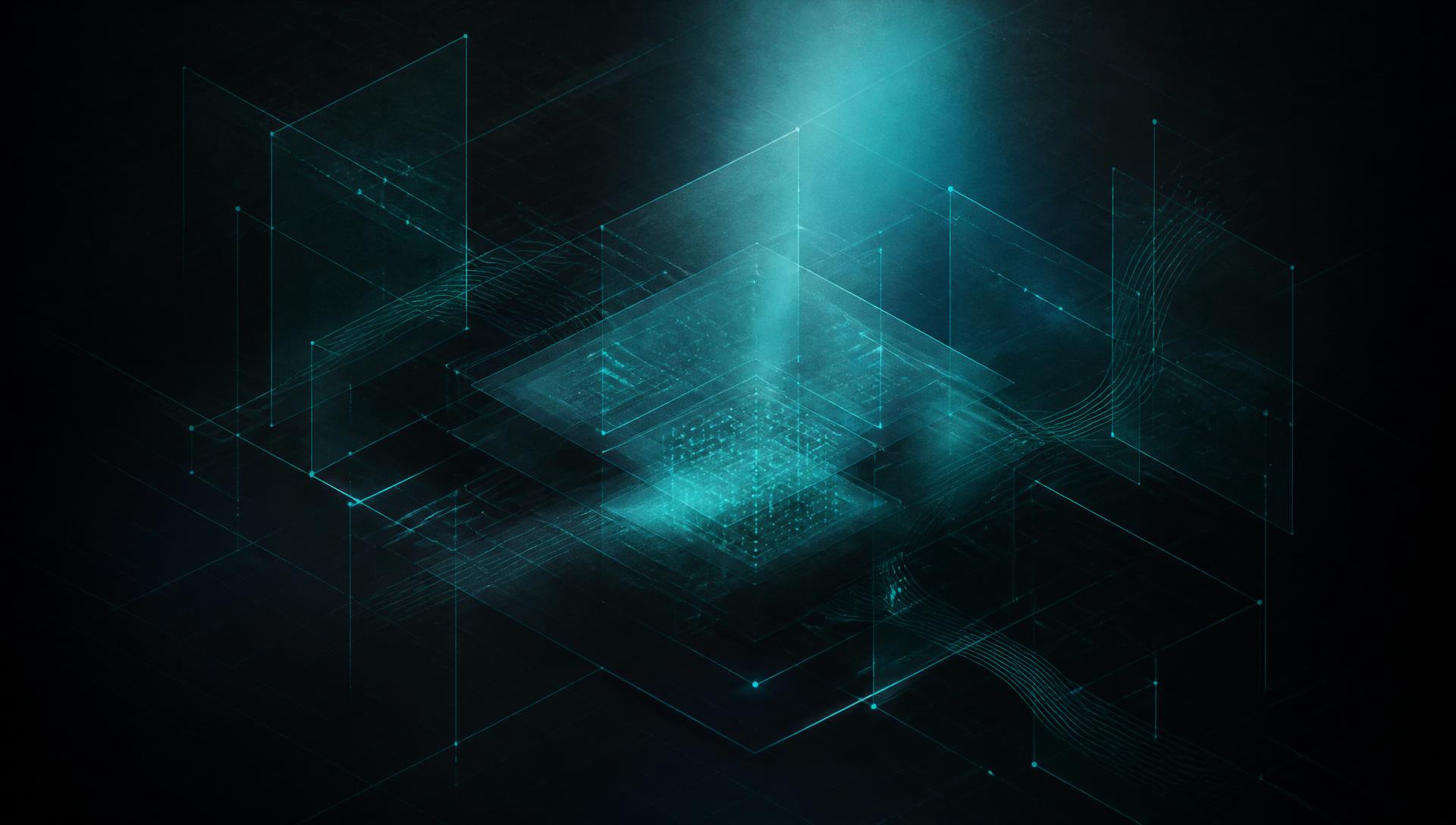 Abstract dark product interface grid rendered in teal